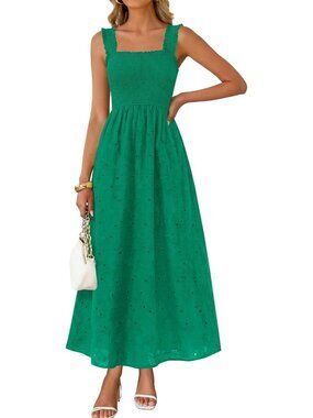 Women's Green Boho Sleeveless Square Neck Cotton Flowy Long Maxi Dress